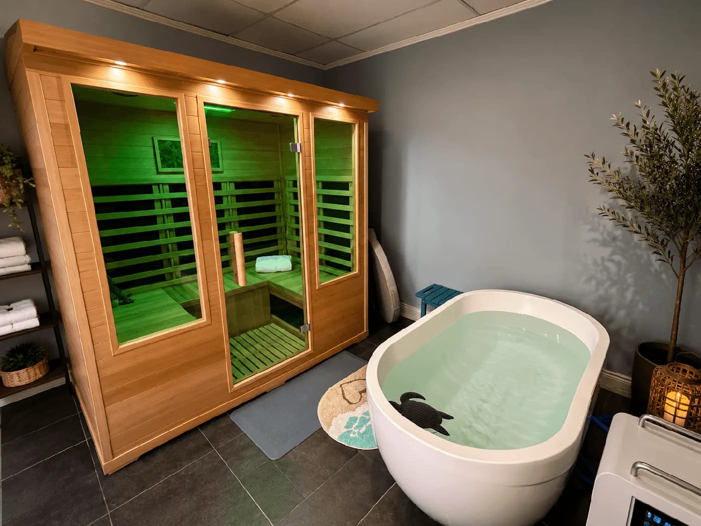 Infrared sauna cabin next to the cold plunge tub